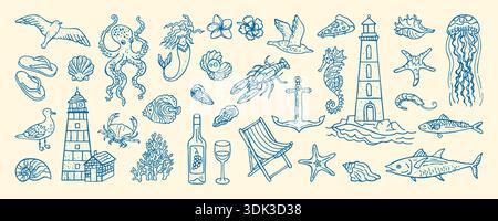 Handgezeichneter Küsten-lebender Illustration Tusche Grunge-Skizze mit mediterranen Reise-Grungy-Kritzeleien. Italienische Sommerstimmung mit Speisen aus Meeresfrüchten am Amalfiküste. Entspannte Ästhetik am Meer Stock Vektor