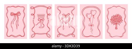 Vintage Hochzeit handgezeichnet skurrile vertikale Grußkarten Vorlagen verspielte Doodle Elemente. Romantische Rahmen Bogenballons, Bouquet Champagner, Herzsymbol der Liebe. Elegante Tinte Skizzenlinie Vektorgrafik Stock Vektor