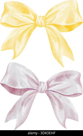 Ein Set von niedlichen handgezeichneten Aquarellschleifen aus Gold und rosa Satin, Vektor Stock Vektor