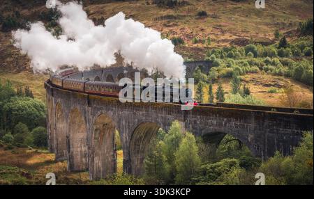 Aus der Vogelperspektive einer alten Dampfeisenbahn, die weißen Rauch auf dem Glenfinnan Viadukt weht, ein krasser Kontrast zur üppigen grünen Landschaft Glenfin Stockfoto