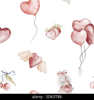 Nahtloses Aquarellmuster mit Herzballons, Erdbeeren, Kirschen und Ringen. Perfekt für Stoff-, Tapeten-, Geschenkpapier- und Textildesign. Stockfoto