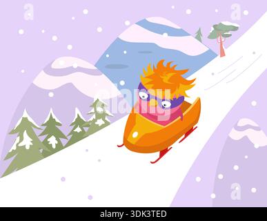 Niedliche Figur-Tussi auf Schlitten. Bobbahn und Winterwettbewerbe. Vektor-flache Illustration auf Hintergrund für Kinderbuch. Stock Vektor