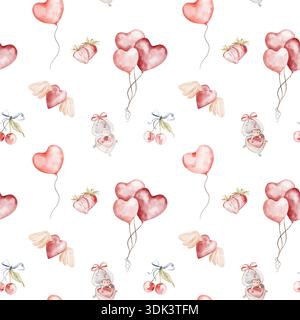 Nahtloses Aquarellmuster mit Herzballons, Erdbeeren, Kirschen und Ringen. Perfekt für Stoff-, Tapeten-, Geschenkpapier- und Textildesign. Stockfoto