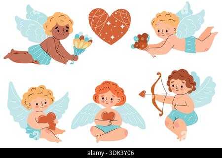Niedliche Cartoon-Cupiden mit Herzen, Bögen und Geschenken auf weißem Hintergrund Stock Vektor