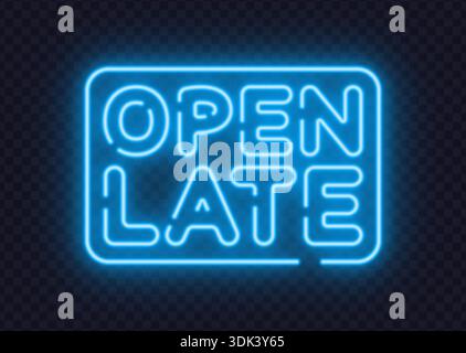 Neon offenes spätes Schild, das auf dunklem Hintergrund mit Rahmen leuchtet. Nachtservice-Konzept perfekt für Geschäfte, Cafés oder Geschäftszeiten. Stock Vektor