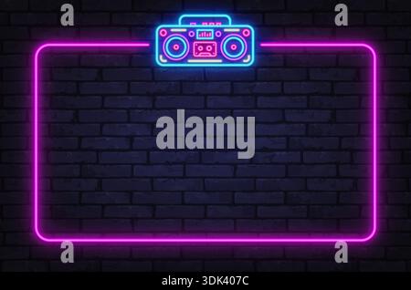 Neonrahmen mit Retro-Boombox, die an der Ziegelwand leuchtet. Hintergrund mit Musikmotiv, perfekt für Partyposter, Veranstaltungsbanner oder kreative Layouts. Stock Vektor