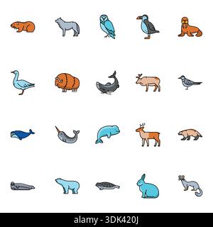 Arctic Animals Farblinien-Symbole für digitale und gedruckte Projekte. Minimale bereinigte Symbole für Apps und Websites. Moderne, einfache Symbole für UI UX und Marke Stock Vektor