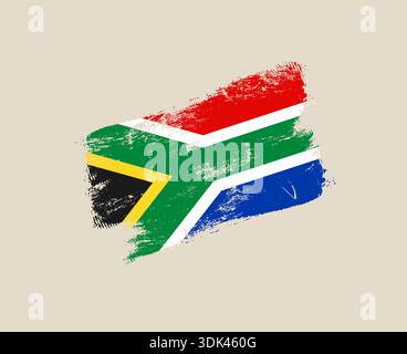 Grunge South Africa National Flag Illustration, gemalt mit distressed Pinselstrichen auf einem beigen Hintergrund, symbolisiert Patriotismus und Erbe. Stock Vektor