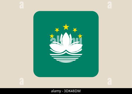 Offizielles Vektor-Flaggensymbol der Sonderverwaltungsregion Macau mit weißer Lotusblume, gelben Sternen und stilisierter Brücke auf grünem Hintergrund. Stock Vektor