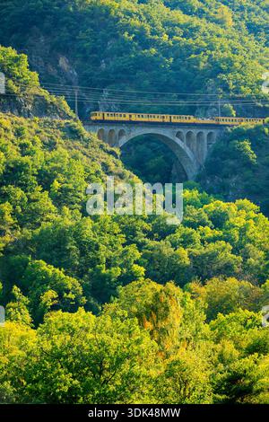 Der gelbe Zug 'Le Train jaune' auf der Brücke Pont Séjourné, Ligne de Cerdagne, Vallée de la Têt, Villefranche-de-Conflent, Pyrénées-Orientales, Okt. Stockfoto