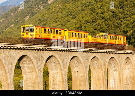 Der gelbe Zug 'Le Train jaune' auf der Brücke Pont Séjourné, Ligne de Cerdagne, Vallée de la Têt, Villefranche-de-Conflent, Pyrénées-Orientales, Okt. Stockfoto