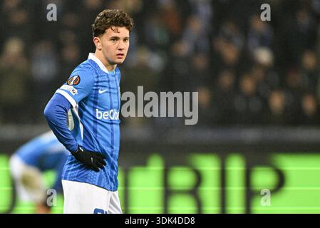 Genk, Belgien. Januar 2026. Genks Konstantinos Kos Karetsas wurde während eines Fußballspiels zwischen dem belgischen Fußballteam KRC Genk und dem schwedischen Fußballteam Malmö FF in Genk am Donnerstag, den 29. Januar 2026, am 8. Tag der League-Phase des Turniers der UEFA Europa League, in Genk gezeigt. BELGA FOTO JILL DELSAUX Credit: Belga News Agency/Alamy Live News Stockfoto