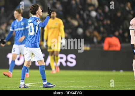 Genk, Belgien. Januar 2026. Genks Konstantinos Kos Karetsas feiert nach einem Fußballspiel zwischen dem belgischen Fußballteam KRC Genk und dem schwedischen Fußballteam Malmö FF am Donnerstag, den 29. Januar 2026, am 8. Tag der Ligaperiode des UEFA Europa League-Turniers in Genk. BELGA FOTO JILL DELSAUX Credit: Belga News Agency/Alamy Live News Stockfoto