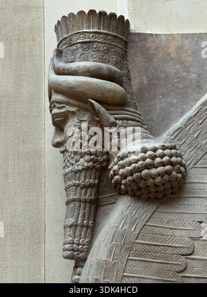 Steinschnitzerei von Lamassu aus dem Palast von Sargon II aus Assyrian im Louvre Museum - Paris, Frankreich Stockfoto