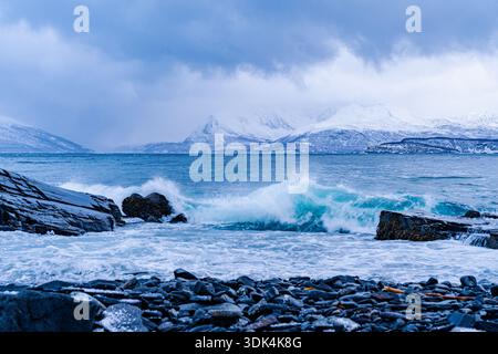 Norwegen, Fylke Troms, Skjervøy, Reisafjord, Winterlandschaft, Strand in Skjervøy Stockfoto