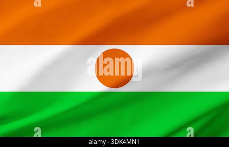 Hintergrunddetails der Niger-Flagge, die den gesamten Rahmen mit gewellter Textur besetzt. Stockfoto