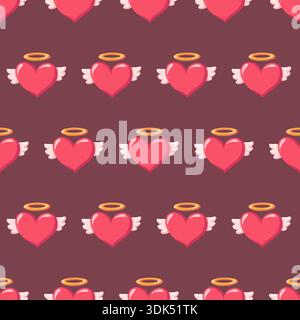Nahtloses, handgezeichnetes Engelherzmuster mit romantischen Herzen mit Flügeln und goldenen Halos. Hintergrund des Zeichentrickvektors Stock Vektor