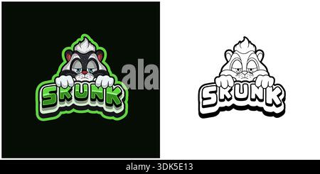 Skunk-Zeichentricklogo mit Text und hohem Ausdruck. Farbenfrohes und schwarzweißes Design. Design für Aufkleber, Etiketten, Cover, Verpackung, T-Shirt, b Stock Vektor