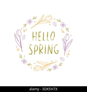 Hallo, Frühling, handgezeichneter Schriftzug mit Tulpen Stock Vektor