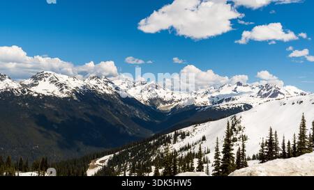 Geschichtete Grate und offene Täler erstrecken sich über Whistlers Landschaft, eingerahmt von Frühlingsschneeflecken und verstreuten Wolken. Stockfoto