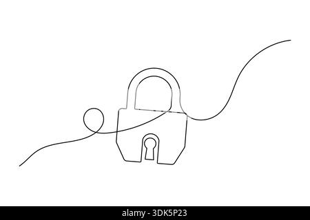 Schloss mit wellenförmiger Linie, durchgehend einzeilig, mit minimalistischem Sicherheits- und Datenschutzsymbol Stock Vektor