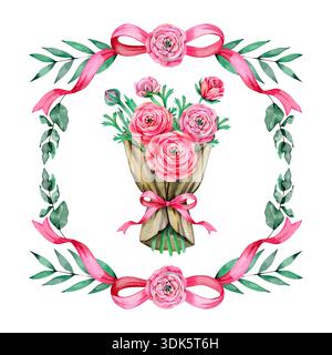 Handgezeichneter Blumenstrauß aus rosafarbenen Ranunkelblüten, umwickelt in handgefertigtes Papier mit rosa Schleife, umschlossen von einem runden Blumenkranz aus Rosen Stockfoto