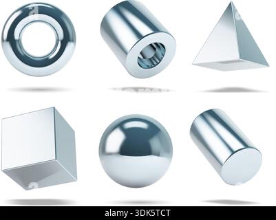 Sammlung von Chrom-3D-Vektorformen mit realistischem metallischem Glanz und Reflexionen. Primitives Silber Y2K Objektset Stock Vektor