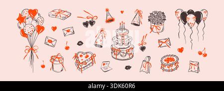 Handgezeichnetes Pastelldesign mit Happy Birthday. Zeichnung von Zeichenstiften unterfütteln. Junggesellinnen Girly Party rosa Coquette Hintergrund. Kokettische rote Bögen Stock Vektor