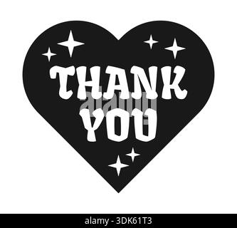 Herzförmiger Dankeschön-Retro-grooviger schwarz-weißer Aufkleber isoliert Stock Vektor