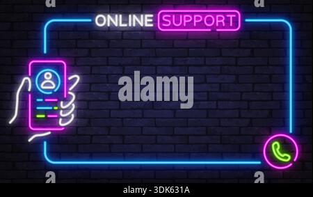 Neon-Online-Support-Schild mit Smartphone und Anrufsymbol auf Backsteinhintergrund. Leuchtende Farben heben den Kundenservice, den Helpdesk und die Kommunikation hervor Stock Vektor