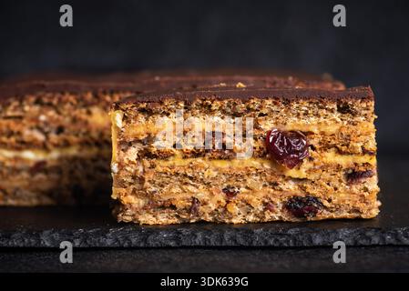 Ein Stück Schokoladenkuchen mit Nüssen und Preiselbeeren steht auf einem rustikalen schwarzen Hintergrund und hebt die reichhaltige Textur, verwöhnende Schichten und Gourmet hervor Stockfoto
