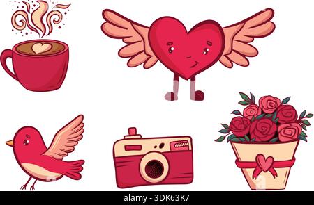 Sammlung von Valentinsobjekten auf weißem Hintergrund. Retro-Illustration, funky-Style. Herz, Kaffee, Fotokamera, Vogel, Blumen in A Stock Vektor