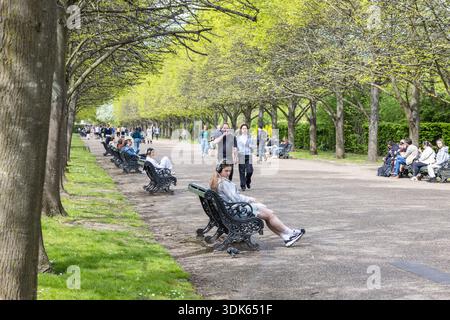 Die Leute entspannen sich auf Bänken im Sunny Public Park Walkway. London, Großbritannien, 14. April 2024 Stockfoto