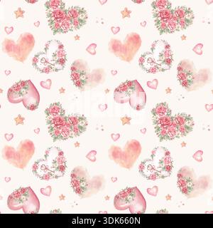 Nahtloses Aquarellmuster mit rosafarbenen Rosen, Bögen, Herzen, Blättern und Sternen. Romantischer floraler Hintergrund in Pastellfarben perfekt für Valentinstag, Hochzeitstag Stockfoto