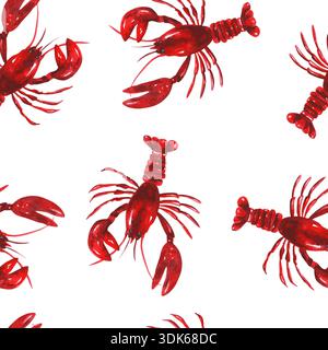 Nahtloses Muster roter Hummer auf weißem Hintergrund. Ideal für Meeresfrüchte-Designs, Restaurant-Branding, Kücheneinrichtung, Textil- oder Meeresmotive Stockfoto