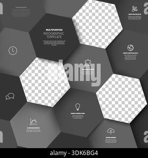 Diese Infografik-Vorlage verfügt über ein professionelles sechseckiges Layout mit Bildplatzhaltern. Verwenden Sie diese Infografik-Vorlage, um ein bereinigtes Business i zu erstellen Stock Vektor