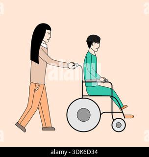 Die Frau hilft einem Mann im Rollstuhl. Die Frau hält den Arm des Mannes und führt ihn. Der Mann sitzt im Rollstuhl und braucht es Stock Vektor