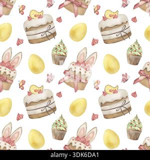 Aquarellmuster mit Osterkuchen, Cupcakes, gelben Eiern und Schmetterlingen. Hand gezeichneter festlicher Frühlingshintergrund mit Hasenohren und Feiertag Stockfoto