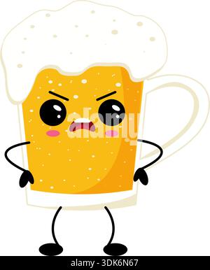 Lustiger wütender Bierkrug Charakter im Kawaii-Zeichentrickstil isoliert auf weißem Hintergrund, verspieltes Alkoholgetränk Maskottchen für Bar, Party und Aufkleber Design. Stock Vektor