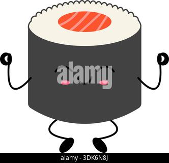 Niedliche lächelnde Sushi-Rolle Charakter im Kawaii-Zeichentrickstil isoliert auf weißem Hintergrund, japanisches Essensmaskottchen für Menü, Kinder und Aufkleber Design. Stock Vektor
