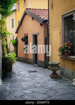Bellagio, Italien - 26. Oktober 2025: Straßenpflastersteine mit alten gelben Häusern, Vasen, Blumen Stockfoto