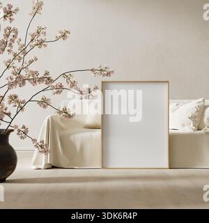 Modernes Wohnzimmer mit minimalistischen Möbeln, leerem Posterrahmen und strukturierter beigefarbener Wand, ideal für Wandbilder und Inter Stockfoto