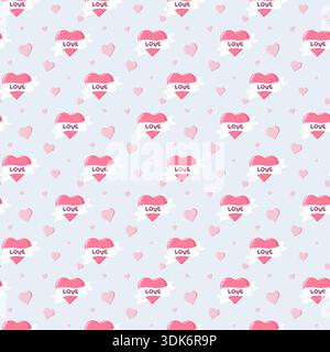Nahtloses Muster aus rosa Herzen mit LIEBESBANNER und kleinen Herzen auf hellblauem Hintergrund. Perfekt für romantische Designs Stockfoto