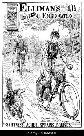 Werbung für Elliman's Universal Embrocation, 1895. "Für Rheumatismus, Hexenschuss, Verstauchungen. "Es wird oder ich werde keine haben". Nur zubereitet von Elliman Sons &amp; Co., Slough, England. Bei Steifheit - Schmerzen - Verstauchungen - Blutergüsse“. Es gab zwei Produkte - "universelle Embrocation" für den Menschen und "Royal Embrocation" für Tiere - aber es gab angeblich keinen Unterschied zwischen den beiden. Viktorianische Empfindlichkeiten wurden von Frauen in Knickerbockern oder Bloomern schockiert. Sie wurden als ungeheuerlich und zu männlich angesehen, „selbst wenn sie als Fahrradkostüm getragen wurden“. Aus „Illustrated London News&quo Stockfoto