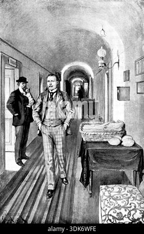 Johnstone's Sohn: Johnstone hing im Lesesaal herum und rauchte eine Pfeife im langen Korridor, bis er das Geräusch seiner eigenen Schritte satt hatte, 1895. Illustration von amédée Forestier, zu einem Roman von Francis Marion Crawford. Aus Illustrated London News, 1895. Stockfoto