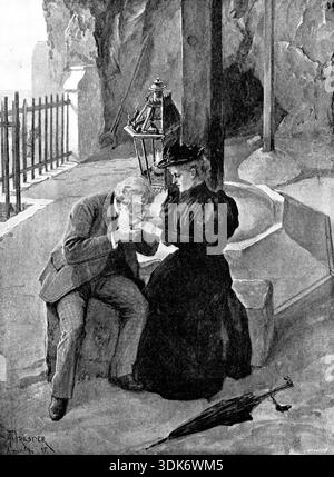 Adam Johnstones Sohn: Er fing die beiden Hände in seinem, und sein Gesicht zitterte, 1895. "Gott segne dich, Liebes", versuchte er zu sagen, und küsste zweimal die Hände." Illustration von amédée Forestier, zu einem Roman von Francis Marion Crawford. Aus Illustrated London News, 1895. Stockfoto