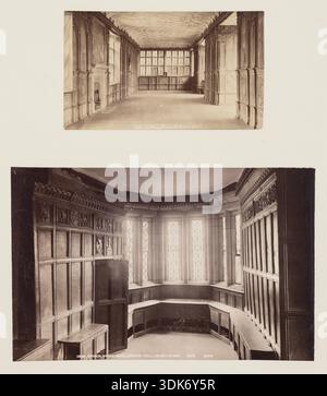 Ballsaal und Oriel-Fenster im Speisesaal, Haddon Hall, Derbyshire, zwischen 1870 und 1880. Die lange Galerie („Ballsaal“) wurde im 16. Jahrhundert erbaut. Stockfoto