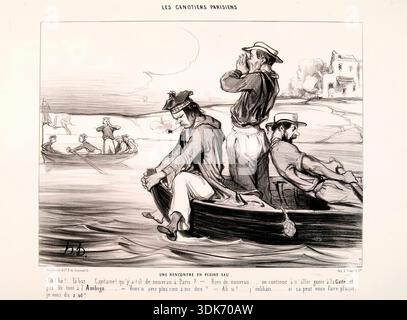 Les Canotiers Parisiens. Une rencontre en pleine eau, 1843. Oh! Hé!...là Bas...Capitaine! qu'y a-t-il de nouveau à Paris? - Rien de nouveau...weiter à n'aller guère à la Gaité, et pas du tout à i'Ambigu. - Vous n' avez plus rien à me dire? - Ah si!...j'oubliais...si çein peut vous faire plaisir, je vous dis z'ut! (Die Pariser Seefahrer. Eine Begegnung auf offenem Wasser. „Oh! hey, da drüben, Captain! Was gibt es Neues in Paris?“ „Nichts Neues... immer noch nie ins Gaieté und überhaupt nicht in die Ambigu [Theater]“. "Du hast nichts mehr Stockfoto
