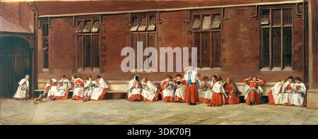 Darning Day - die Roten Mägde von Bristol, 1876. Die Red Maids' School in Bristol wurde 1634 gegründet, ursprünglich als sicheres Zuhause für verwaiste oder arme Mädchen. Hier zeigt Crowe sein Interesse am sozialen Realismus, während die uniformierten Gestalten im rauchigen Sonnenlicht vor der Wand der Schule sitzen, einige dösen, viele tratschen und andere fleißig die blauen Strümpfe zupften. Stockfoto