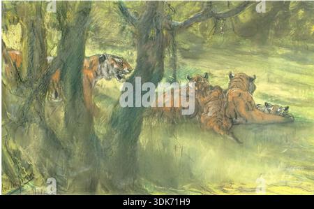 Landschaft mit Tiger und Jungtieren, 1900-1910. Stockfoto